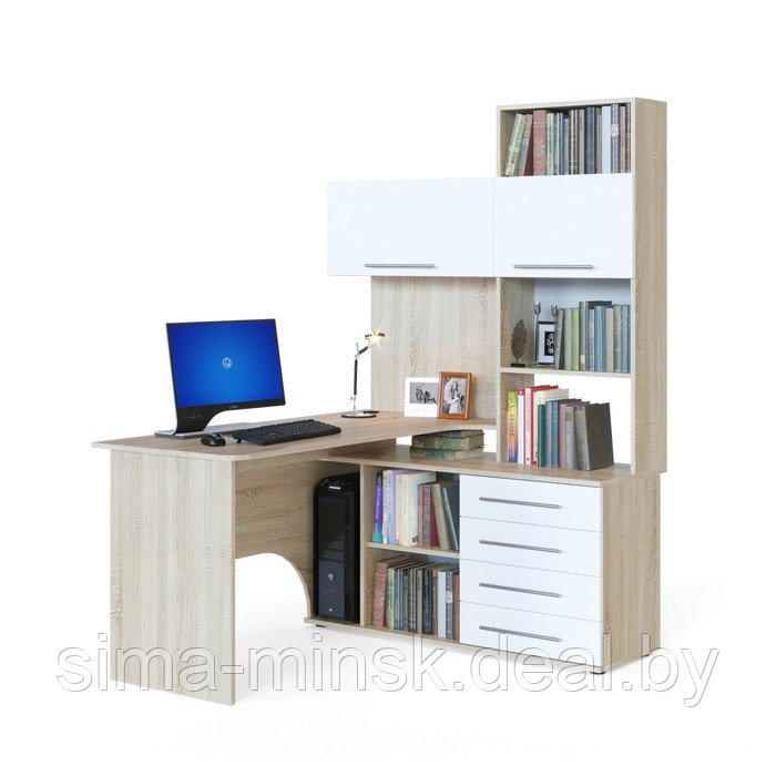Компьютерный стол, 1400 × 1236 × 1828 мм, цвет дуб сонома / белый, правый - фото 1 - id-p187850887
