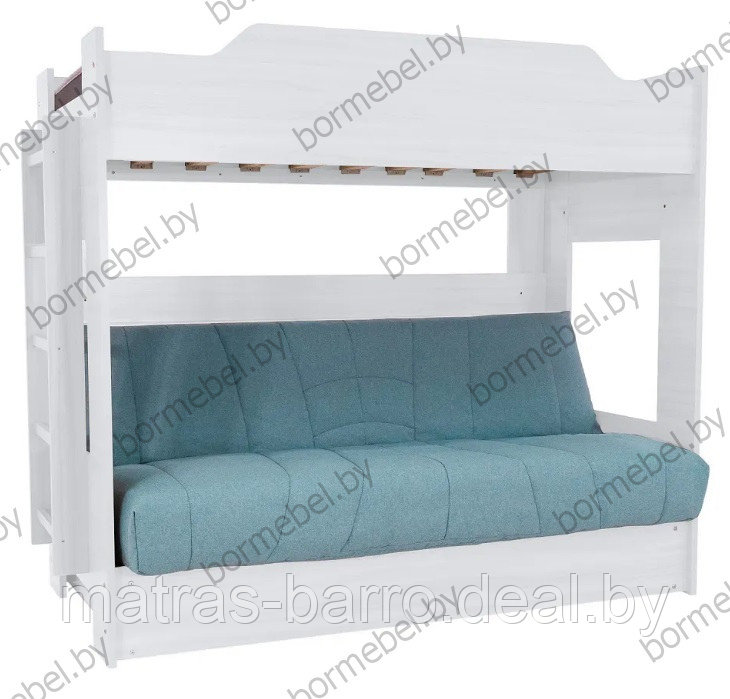 Кровать белая двухъярусная с диван-кроватью ткань Cover 70 (бирюза)