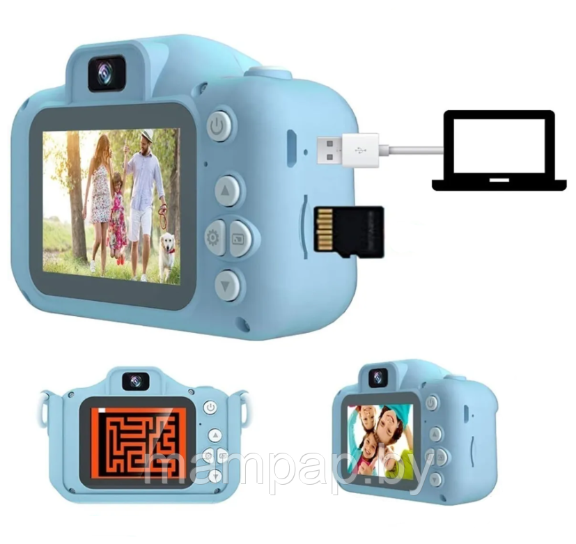 Детский цифровой фотоаппарат Микки Маус голубой цвет + селфи камера + встроенная память - фото 5 - id-p188003895