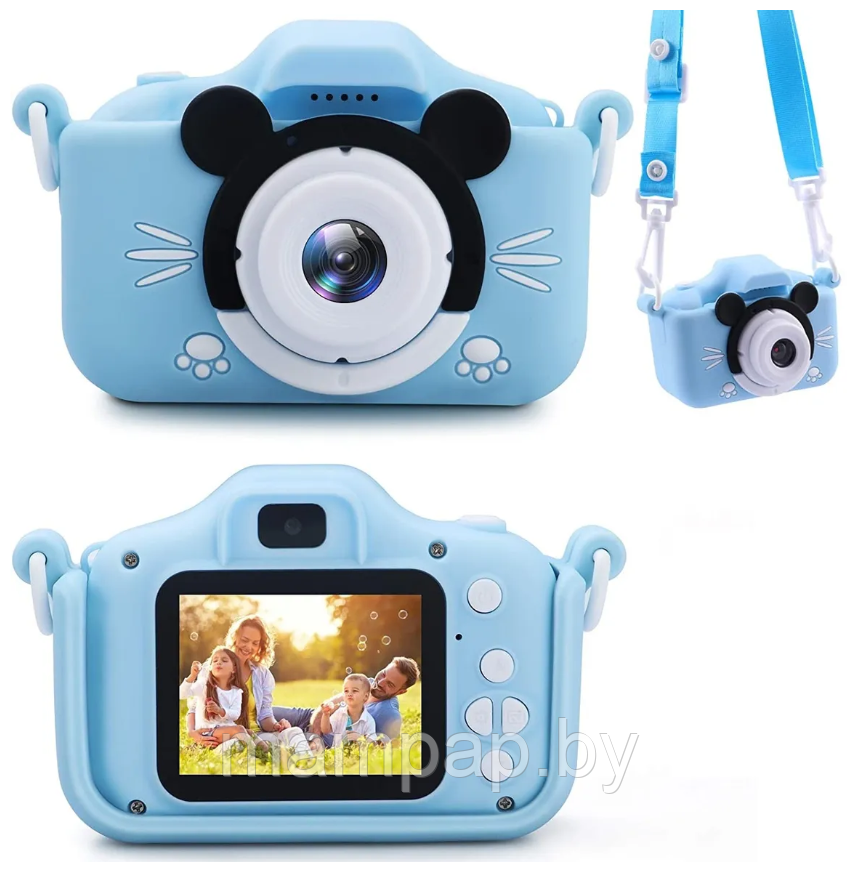 Детский цифровой фотоаппарат Микки Маус голубой цвет + селфи камера + встроенная память - фото 1 - id-p188003895