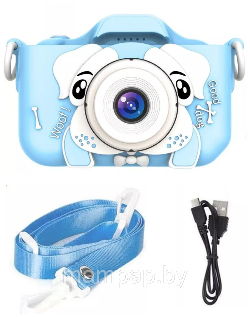 Детский фотоаппарат с селфи камерой Собачка / Fun Camera / Голубой
