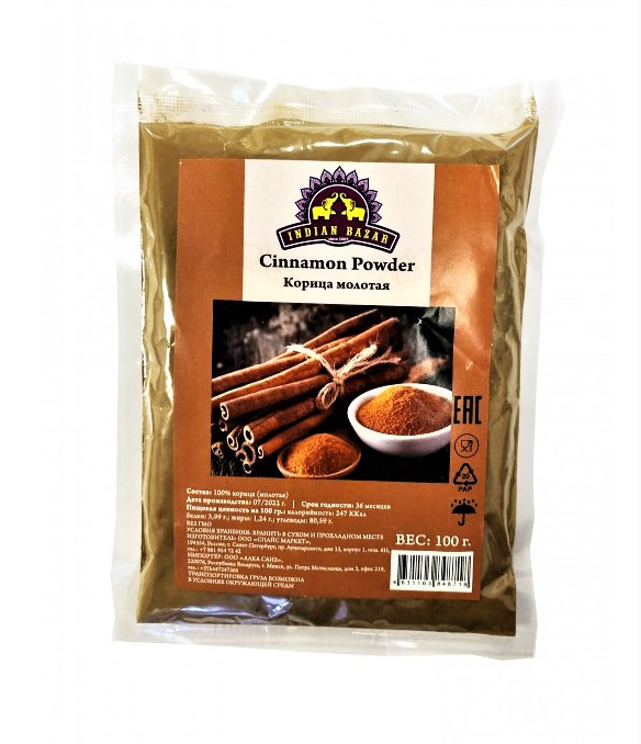 Корица молотая, порошок (Indian Bazar Cinnamon Powder), 100г лечебная пряность - фото 1 - id-p188135874