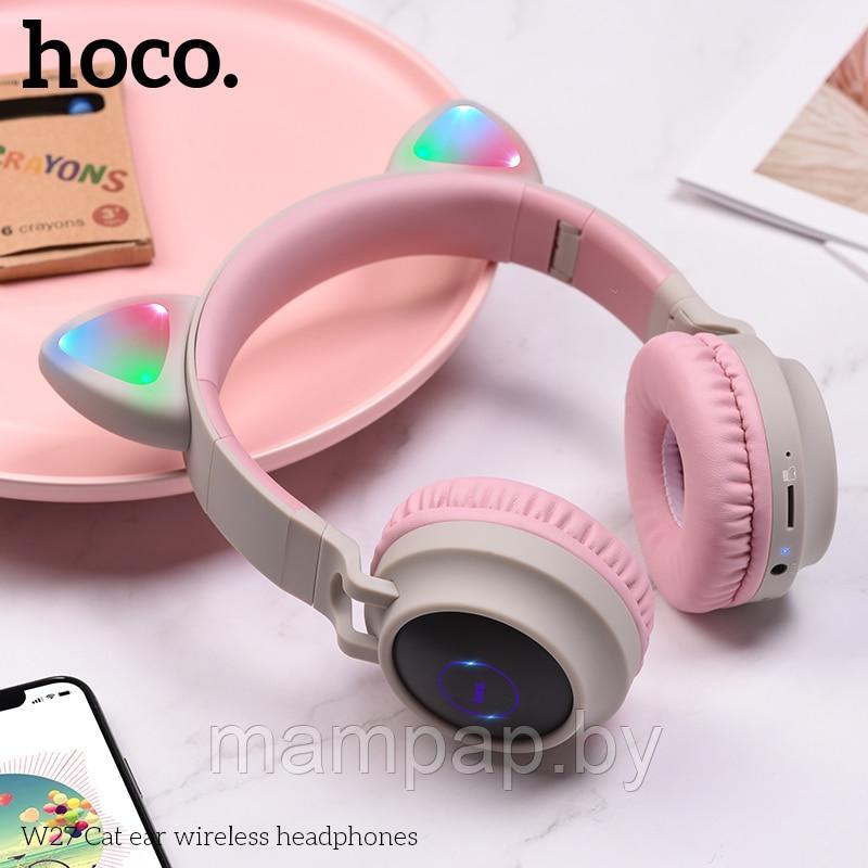Беспроводные кошачьи наушники Cat Ear Hoco W27 серые с розовым с микрофоном