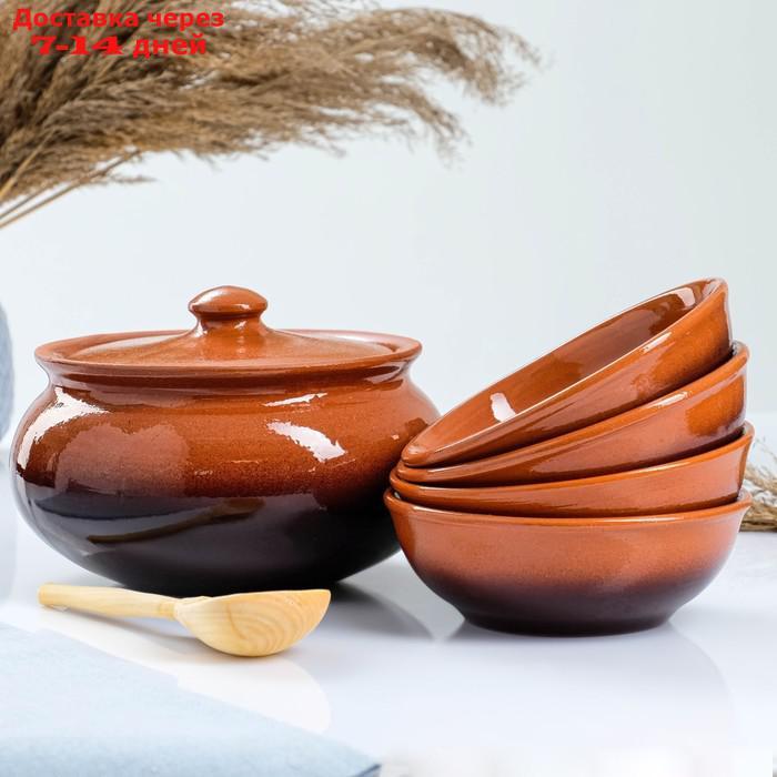 Набор посуды "Вятская керамика" 2,5л + 4х0,5л + деревянная ложка, традиционный - фото 1 - id-p188237375