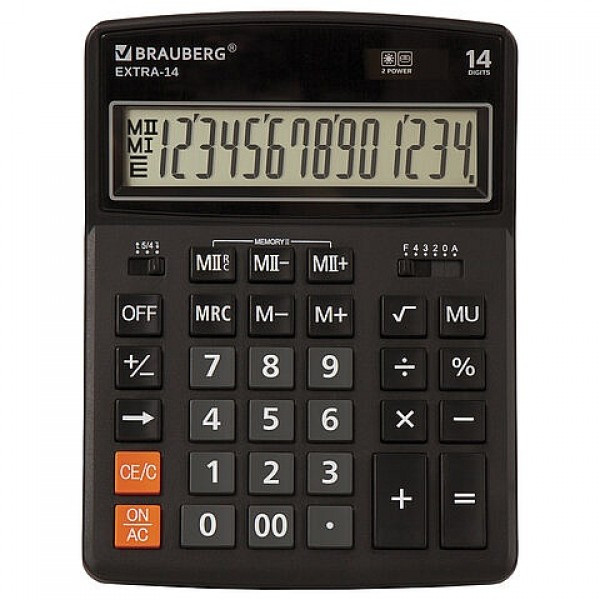 Калькулятор настольный BRAUBERG EXTRA-14-BK (206x155 мм), 14 разрядов, двойное питание, ЧЕРНЫЙ, 250474 - фото 1 - id-p188353039