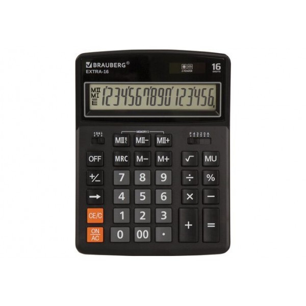 Калькулятор настольный BRAUBERG EXTRA-16-BK (206x155 мм), 16 разрядов, двойное питание, ЧЕРНЫЙ, 250475