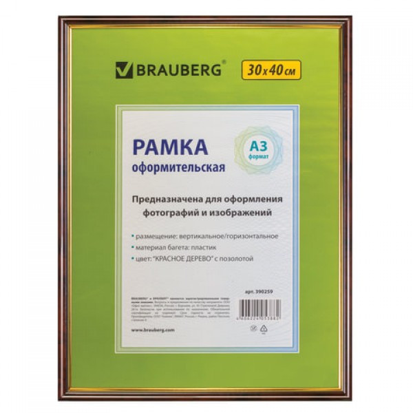 Рамка 30х40 см, пластик, багет 14 мм, BRAUBERG "HIT", красное дерево с позолотой, стекло, 390259 - фото 1 - id-p188353052