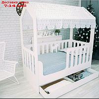 Детская кровать-домик с ящиком, белый, 800х1600, текстиль 2