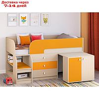 Детская кровать-чердак "Астра 9 V7", выдвижной стол, цвет дуб молочный/оранжевый