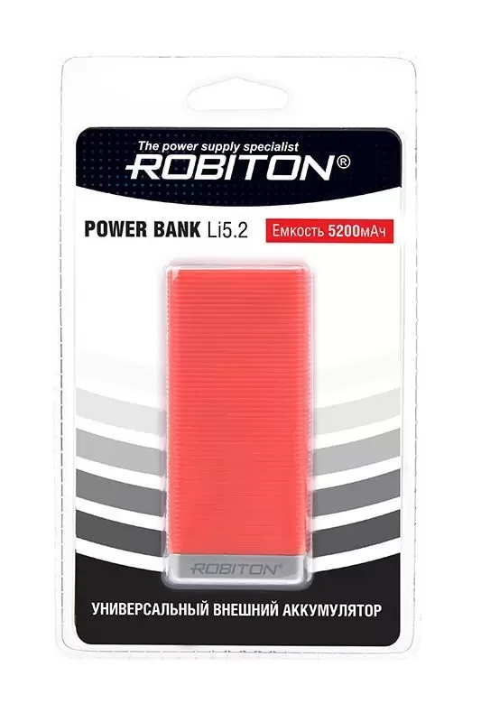 Портативное зарядное устройство (Внешний аккумулятор) Robiton Power Bank Li5.2-R 5200мАч красный BL1