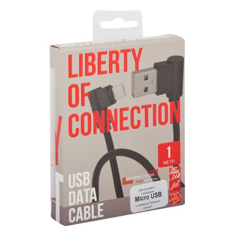 USB кабель "LP" MicroUSB L-коннектор Кожаный шнурок (черный, коробка)