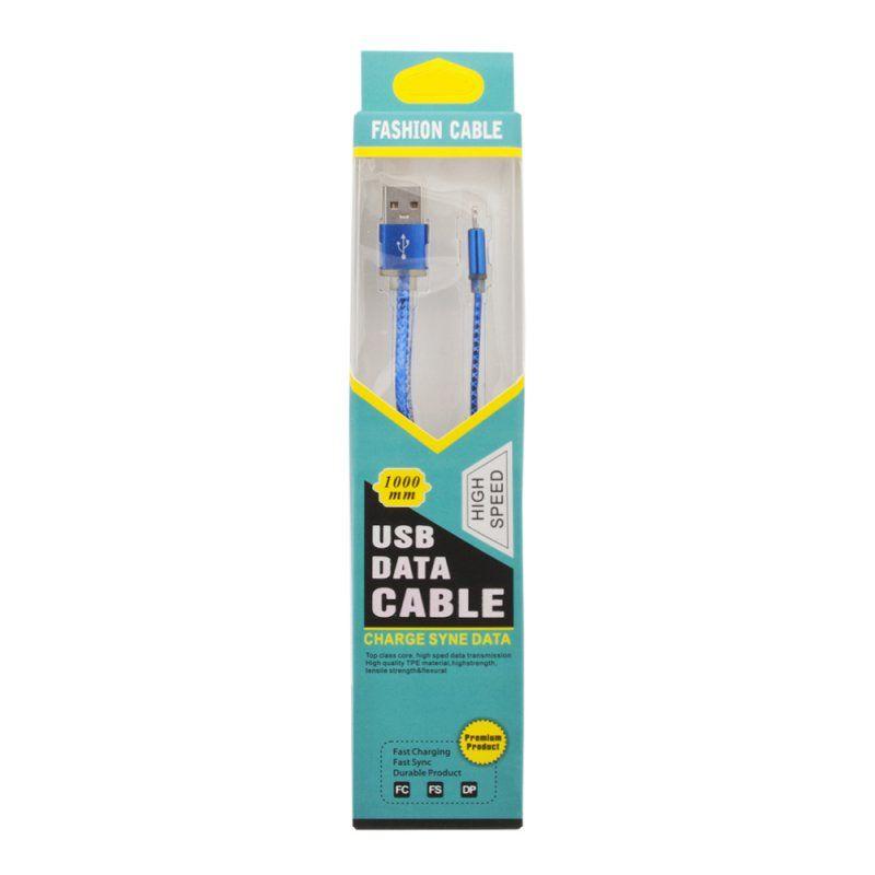 USB Дата-кабель High Speed Fashion Cable для Apple 8-pin плоский в оплетке, 1 метр, синий