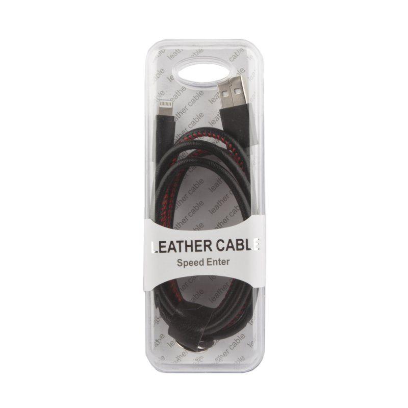 USB Дата-кабель для Apple 8-pin в кожаной оплетке (черный, коробка)