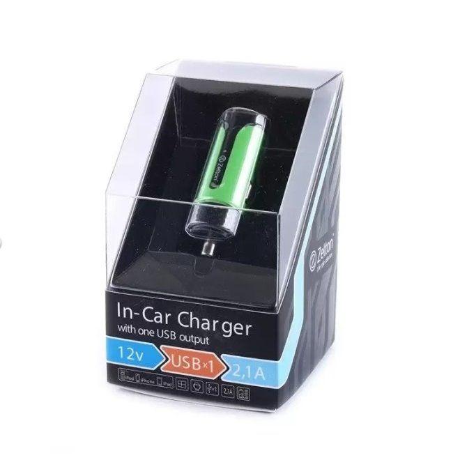 Автомобильное зарядное устройство с выходом USB ток зарядки 2.1А, черный с зеленой вставкой (Zetton