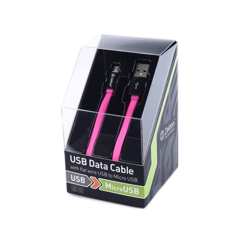 USB кабель передачи данных Zetton Flat разъем MicroUSB круглый пластиковые разьемы (черный с розовым)