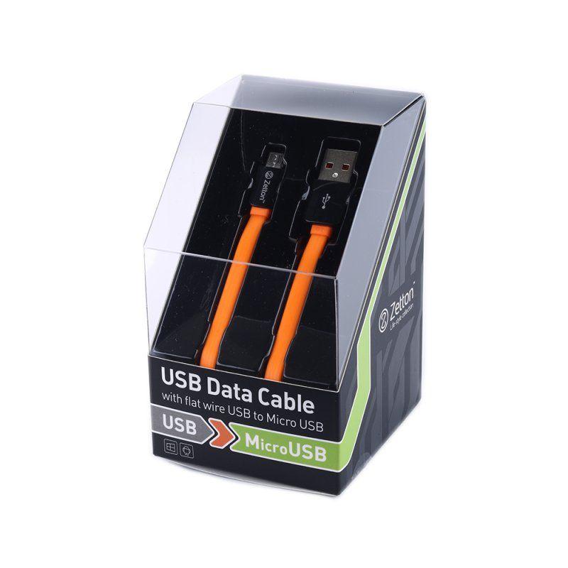 USB кабель передачи данных Zetton Flat разъем MicroUSB плоский, черный с оранжевым (ZTLSUSBFCMCBO)