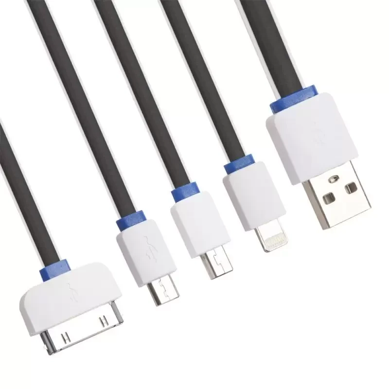 USB кабель "LP" 4 в 1 для подзарядки для Apple 8-pin, 30-pin, MicroUSB, Mini USB плоский (черный, белый,