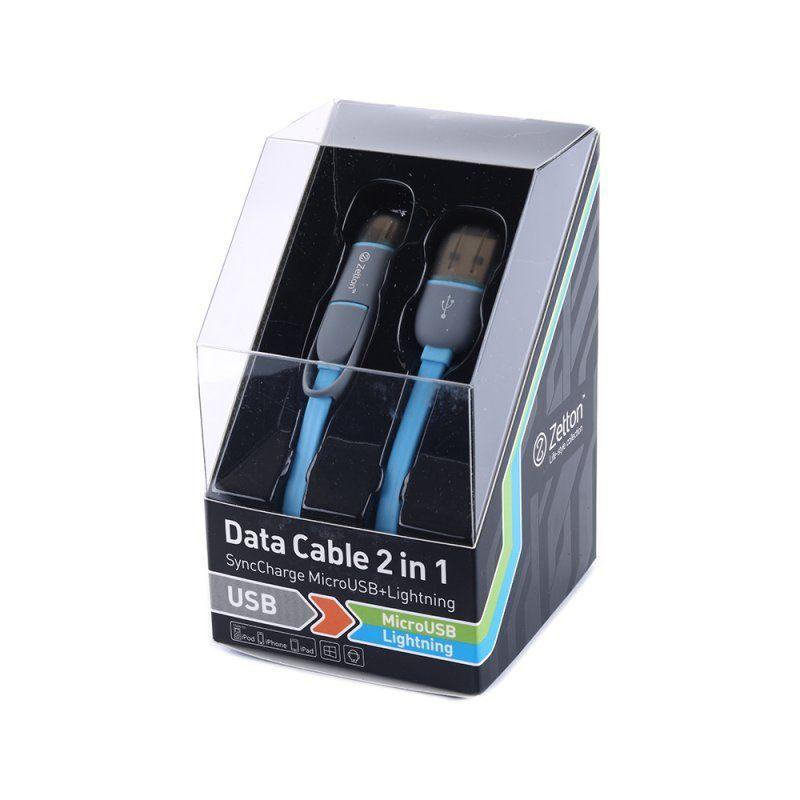 USB кабель передачи данных Zetton 2 в 1 разъем для Apple 8-pin, MicroUSB, синий (ZTLSUSB2IN1BB)
