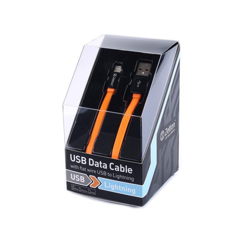 USB кабель передачи данных Zetton Flat разъем Lightning плоский, черный с оранжевым (ZTLSUSBFCA8BO)