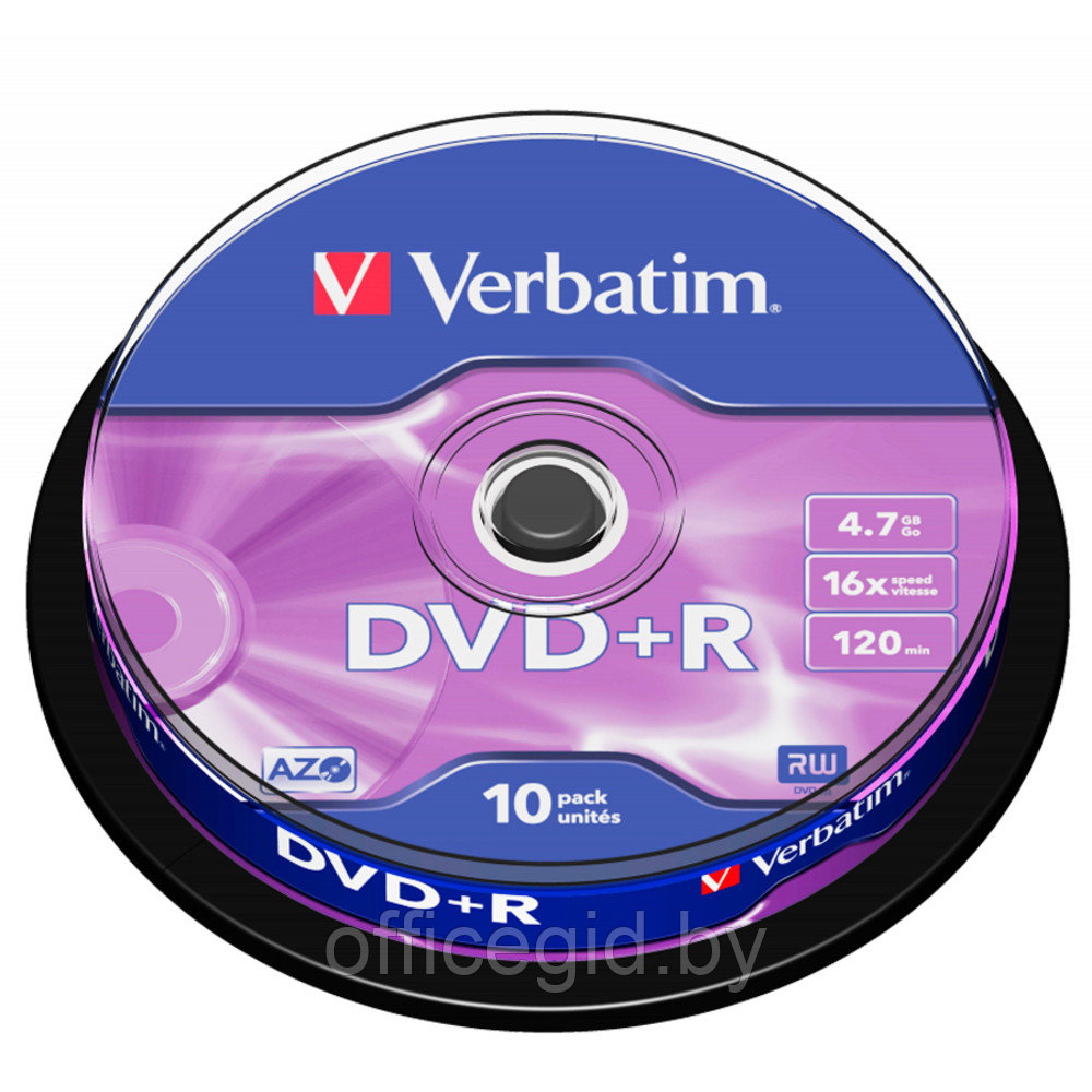 Диск Verbatim на шпинделе,  DVD+R, 4.7 гб, круглый бокс, 10 шт