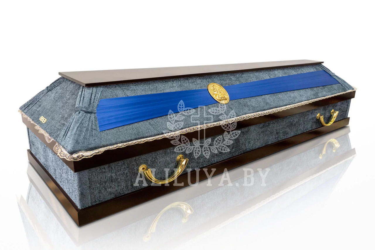 Гроб с тканевой обивкой бархат комбинированный с крышкой и двойной обвязкой из лакированного МДФ. Синий-синий. - фото 2 - id-p188560799