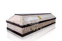 Гроб с тканевой обивкой бархат комбинированный с крышкой и двойной обвязкой из лакированного МДФ. Кремовый.