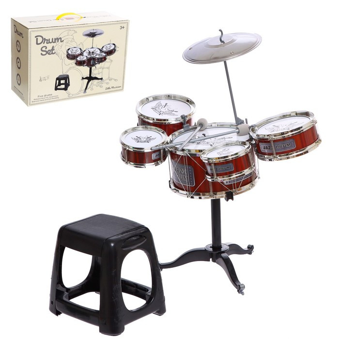 Барабанная установка «Рок», 5 барабанов, тарелка, палочки, стульчик - фото 1 - id-p188622891