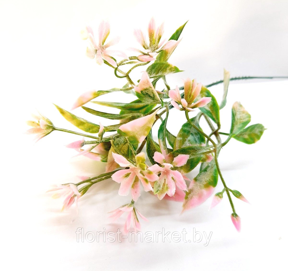 Ветка "Цветочки с листиками", 22 см, розовый
