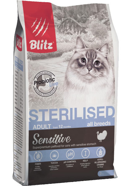 Сухой корм для кошек Blitz Sensitive Adult Sterilised Cat All Breeds (индейка) 2 кг - фото 1 - id-p188620427
