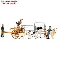 Набор фигурок, 10 предметов: 2 фермера, животные, ограждение-загон, телега, инвентарь
