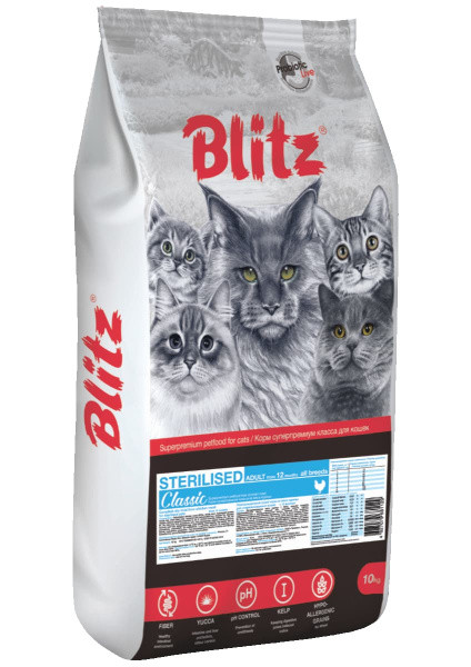 Сухой корм для кошек Blitz Classic Adult Sterilised Cat All Breeds (курица) 10 кг - фото 1 - id-p188620442