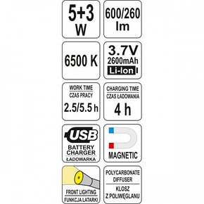 Фонарь светодиодный (5+3 W, 600/260lm, 3.7V, 2600mAh) "Yato" YT-08518, фото 2