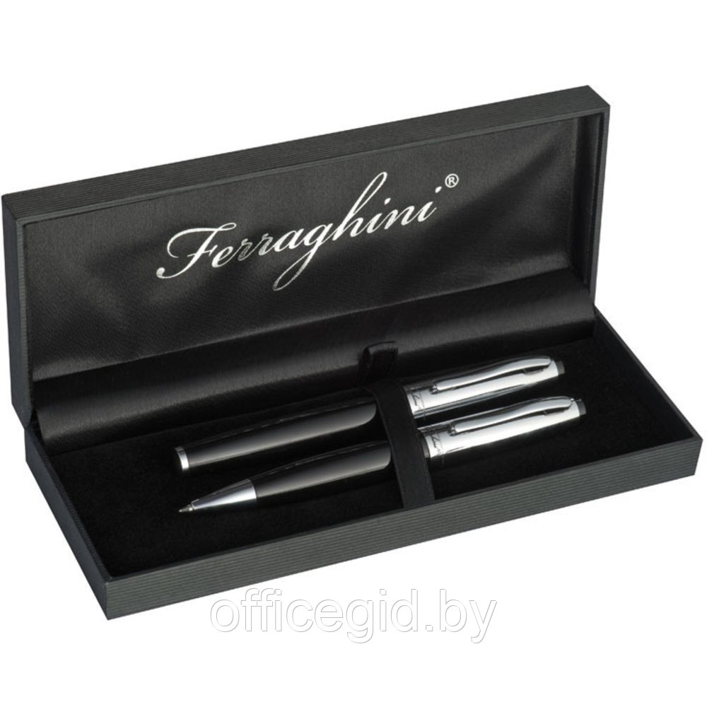 Набор "Ferraghini F19303" ручка шариковая автоматическая и роллер, черный, серебристый - фото 1 - id-p188888410