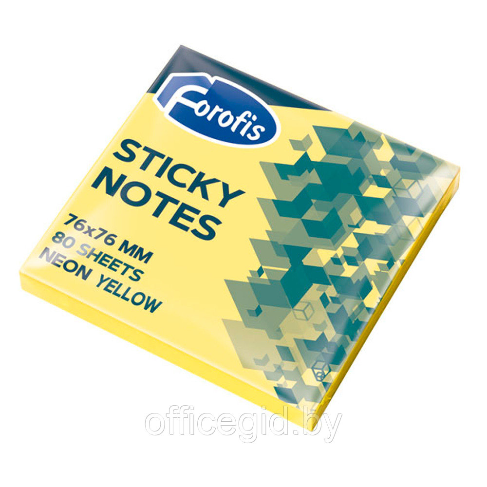 Бумага для заметок на клейкой основе "Forofis", 76x76 мм, 80 листов, желтый неон - фото 1 - id-p188891279