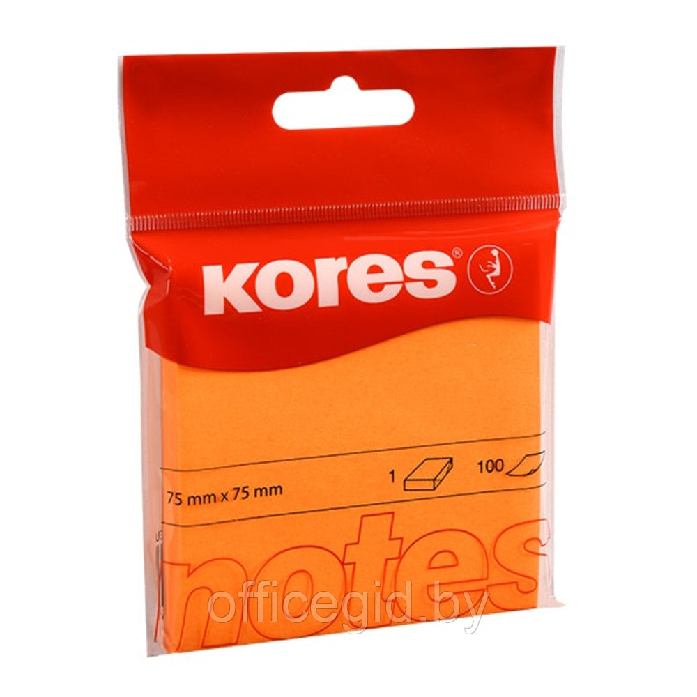 Бумага для записей на клейкой основе "Kores", 75x75 мм, 100 листов, оранжевый неон - фото 1 - id-p188891323