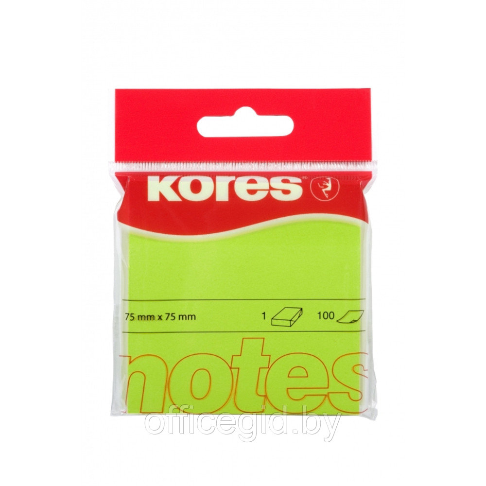 Бумага для записей на клейкой основе "Kores", 75x75 мм, 100 листов, зеленый неон - фото 1 - id-p188891325