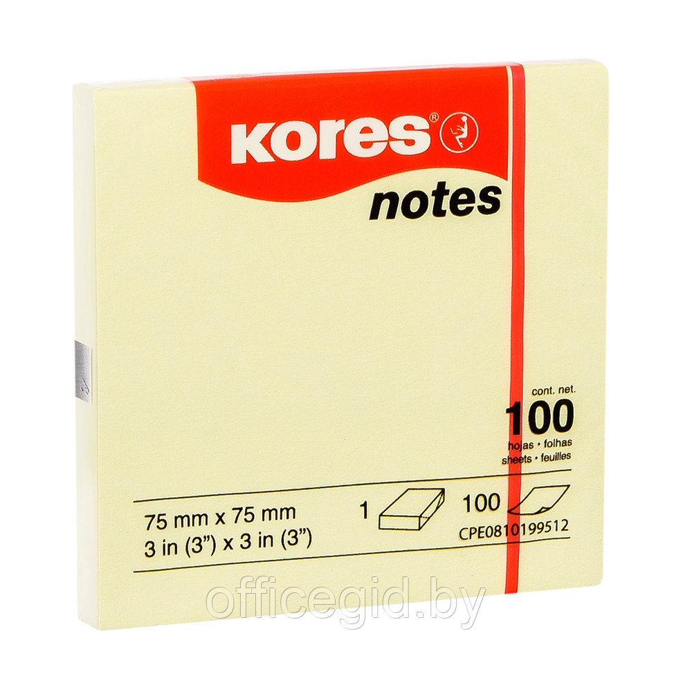 Бумага для записей на клейкой основе "Kores", 75x75 мм, 100 листов, желтый - фото 1 - id-p188891326