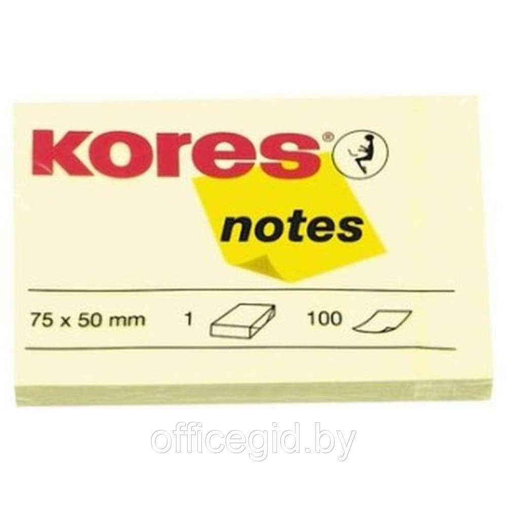 Бумага для записей на клейкой основе "Kores", 75x50 мм, 100 листов, желтый - фото 1 - id-p188891327