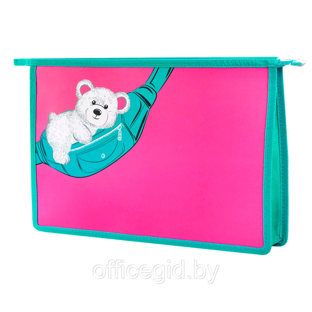 Папка для тетрадей "Мишка на сумке", А4, на молнии, пластик, розовый, бирюзовый - фото 1 - id-p188886286