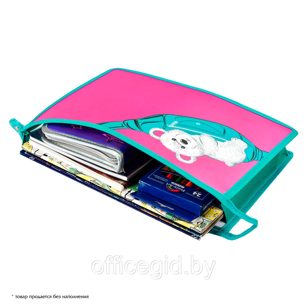Папка для тетрадей "Мишка на сумке", А4, на молнии, пластик, розовый, бирюзовый - фото 4 - id-p188886286