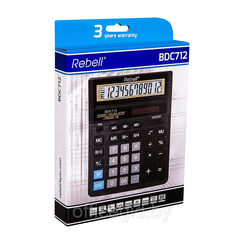 Калькулятор настольный Rebell "BDC712GL BX (888)", 12-разрядный, черный - фото 2 - id-p188887517