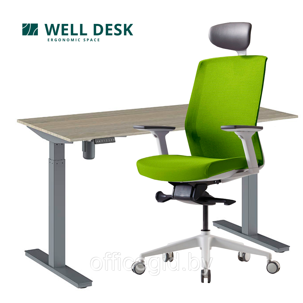 Комплект мебели "Welldesk": cтол одномоторный, серый, столешница сосна натуральная + кресло "BESTUHL J1"