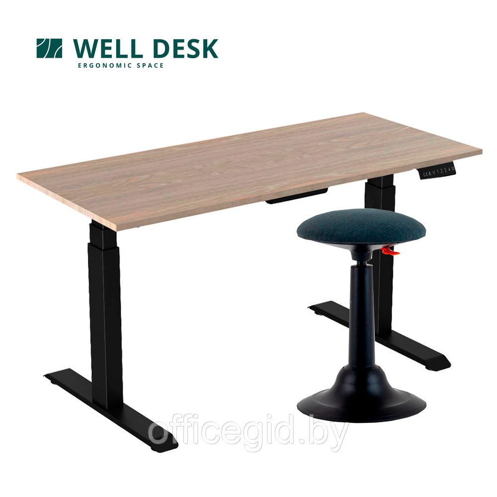 Комплект мебели "Welldesk": cтол двухмоторный Bluetooth, черный, столешница ясень шимо + стул для активного