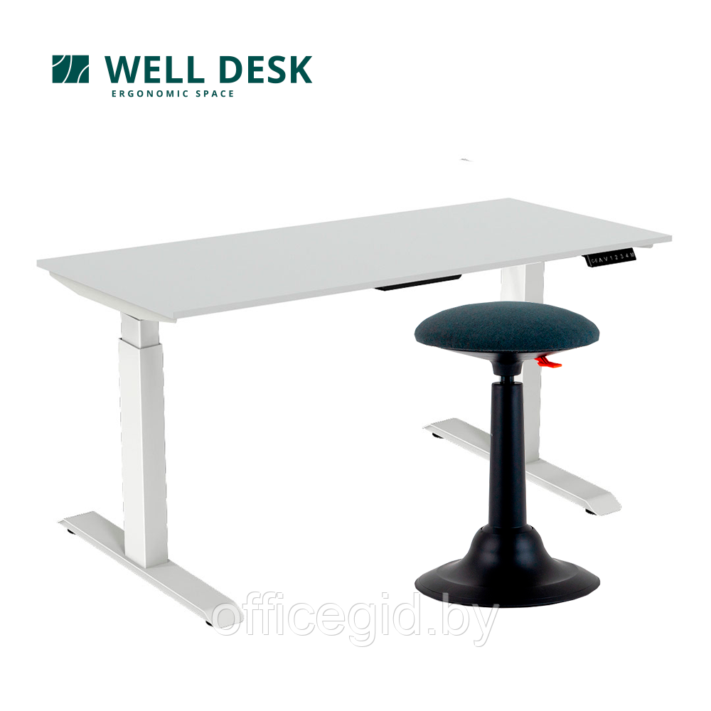 Комплект мебели "Welldesk" cтол двухмоторный Bluetooth, белый, столешница пепел + стул для активного сиденья - фото 1 - id-p188893819
