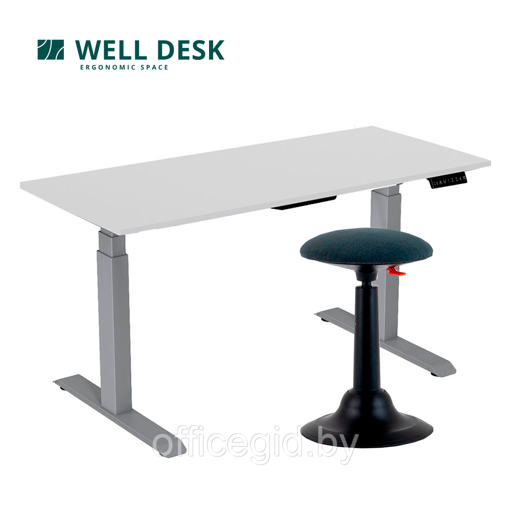 Комплект мебели "Welldesk": cтол двухмоторный Bluetooth, серый, столешница пепел + стул для активного сиденья - фото 1 - id-p188893820