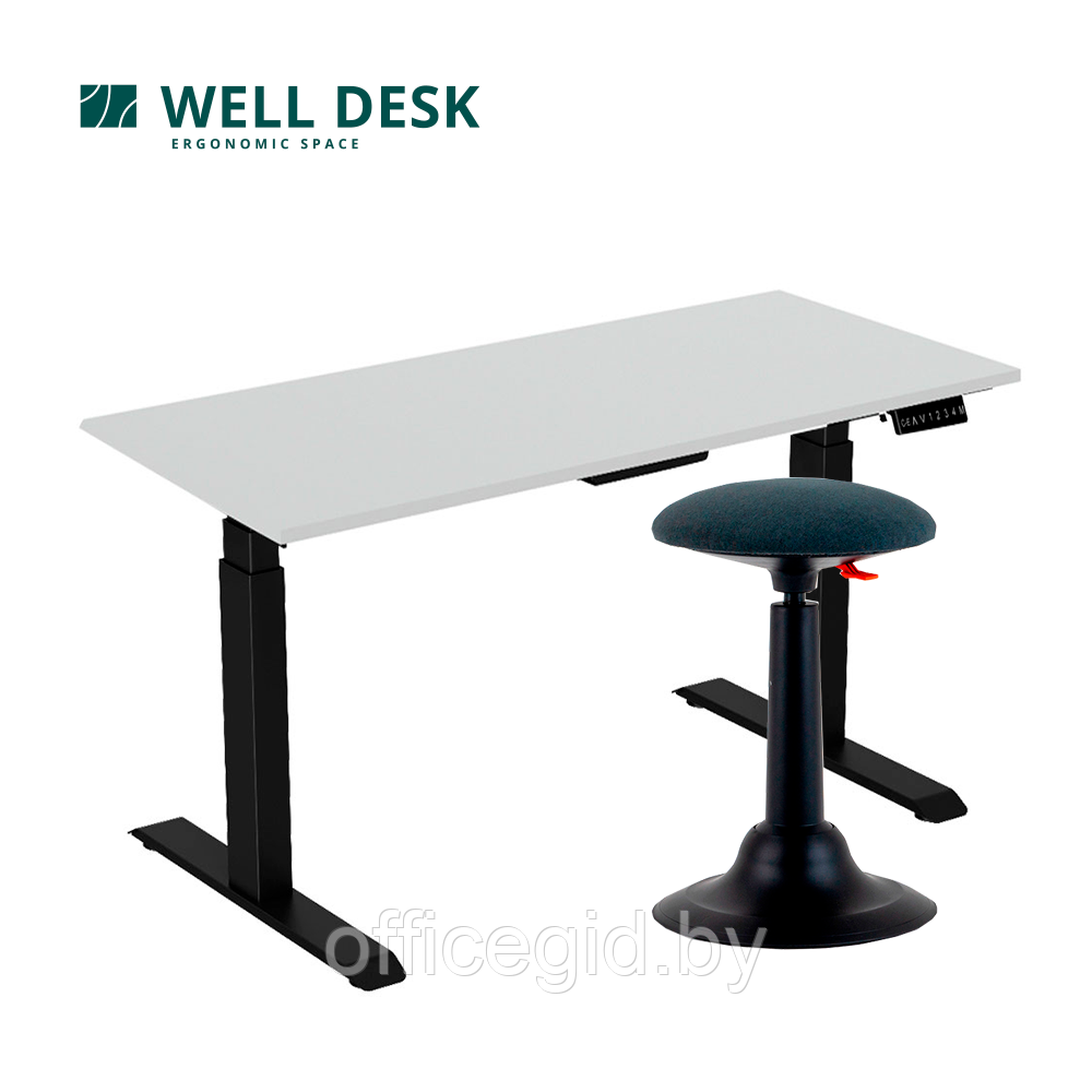 Комплект мебели "Welldesk": cтол двухмоторный Bluetooth, черный, столешница пепел + стул для активного сиденья - фото 1 - id-p188893824