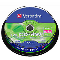 Диск Verbatim на шпинделе, CD-RW, 0.7 гб, круглый бокс, 10 шт