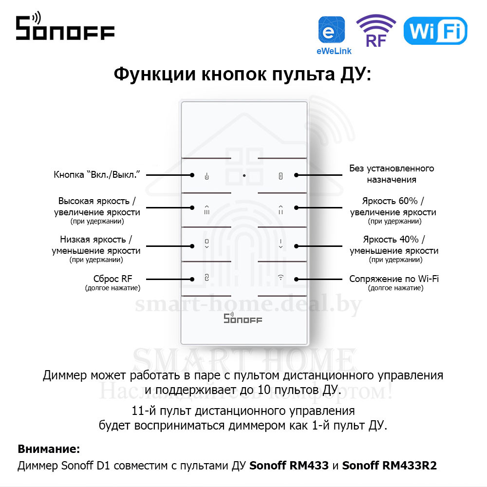 Комплект: Sonoff D1 + RM433 + Base (умный Wi-Fi + RF диммер с пультом ДУ и базой) - фото 9 - id-p188934125