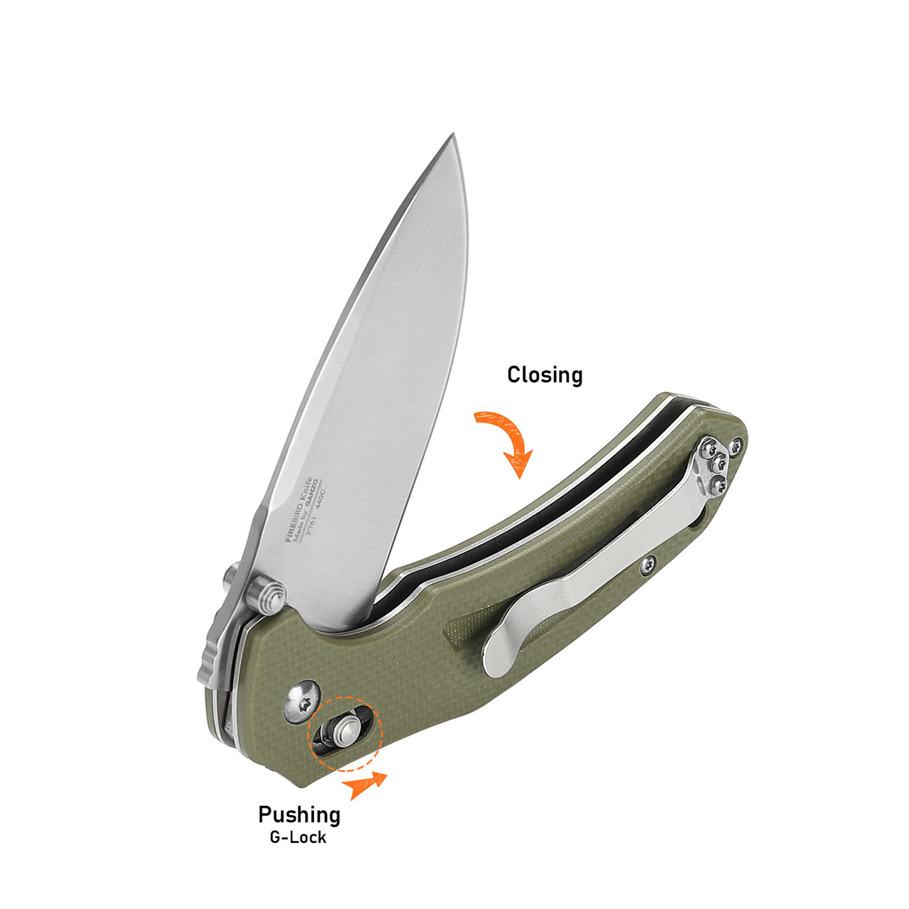 Нож складной "Firebird by Ganzo" с клипсой, дл.клинка 87 мм, форме Drop-point, сталь 440С, цв. Зелён - фото 3 - id-p188975990