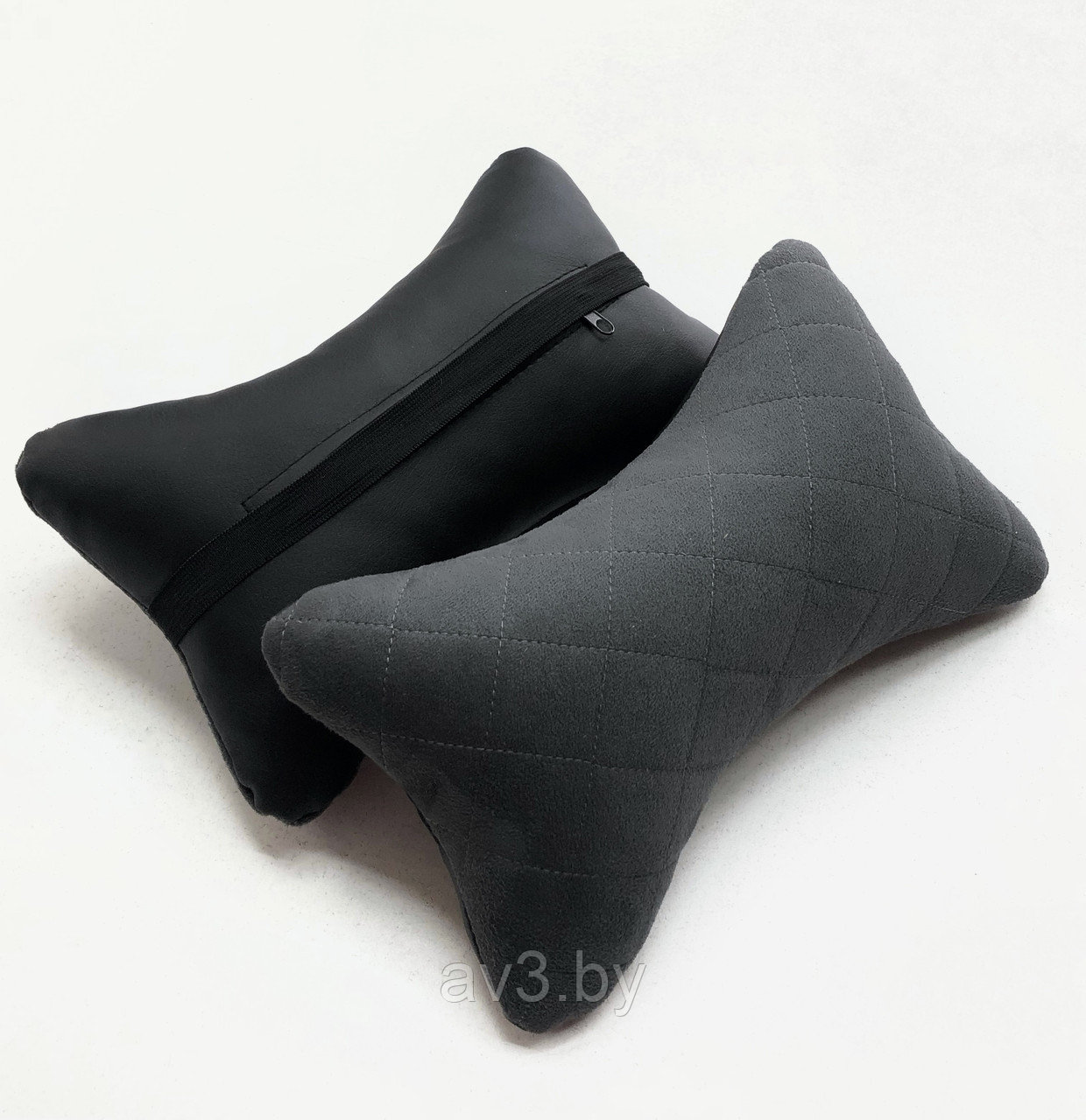 Подушка на подголовник, Экокожа, черная +вставка РОМБ серый Алькантара, пара - фото 1 - id-p157978545